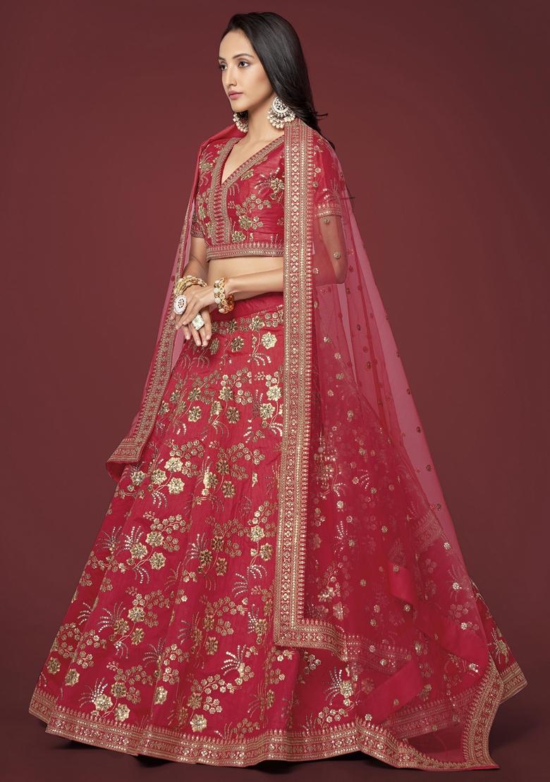 Red Embroidered Slub Silk Lehenga Set