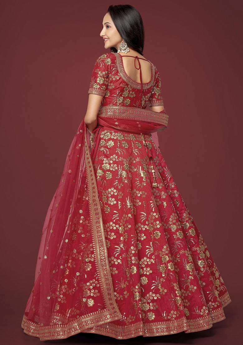 Red Embroidered Slub Silk Lehenga Set