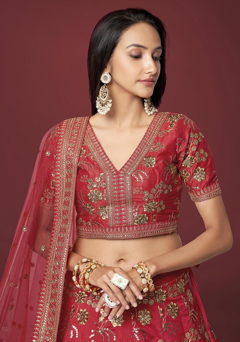 Red Embroidered Slub Silk Lehenga Set