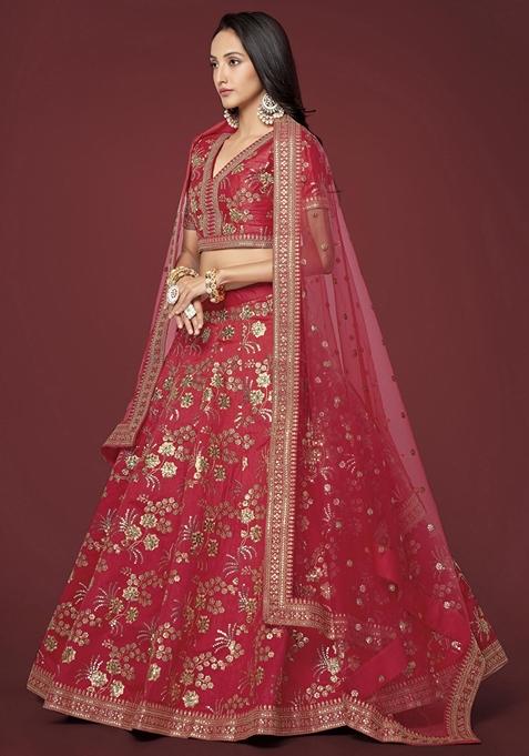 Red Embroidered Slub Silk Lehenga Set