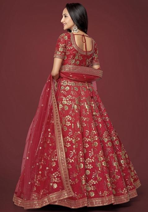 Red Embroidered Slub Silk Lehenga Set