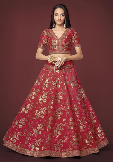 Red Embroidered Slub Silk Lehenga Set