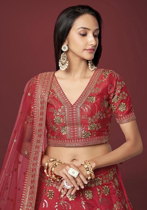 Red Embroidered Slub Silk Lehenga Set