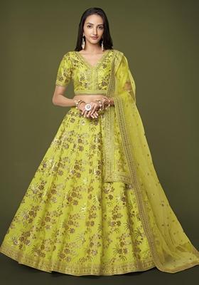 Neon Green Embroidered Slub Silk Lehenga Set
