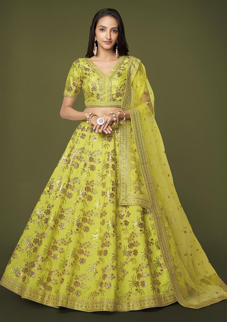 Neon Green Embroidered Slub Silk Lehenga Set
