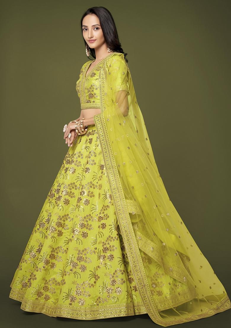 Neon Green Embroidered Slub Silk Lehenga Set