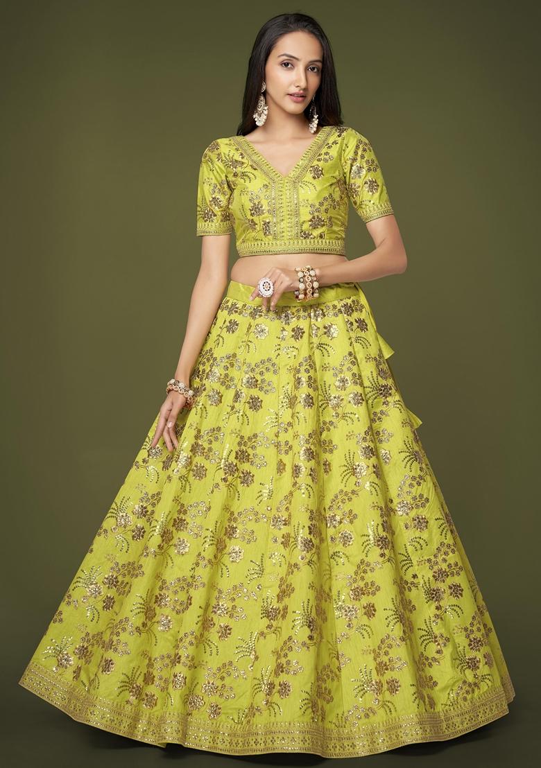 Neon Green Embroidered Slub Silk Lehenga Set