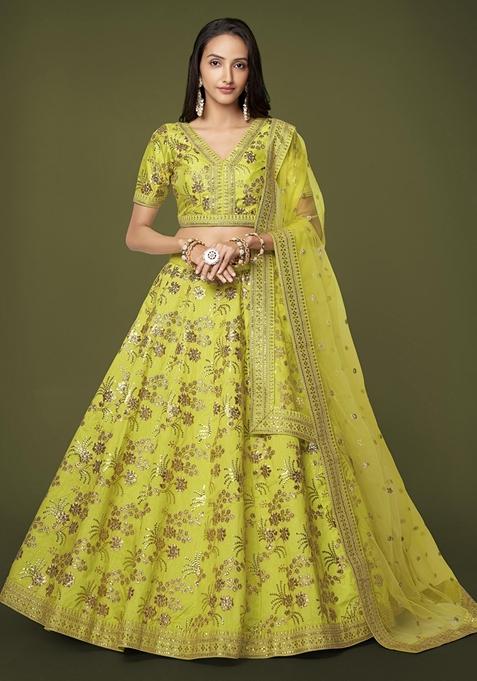 Neon Green Embroidered Slub Silk Lehenga Set