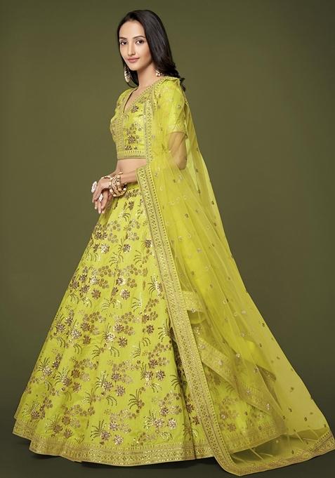 Neon Green Embroidered Slub Silk Lehenga Set