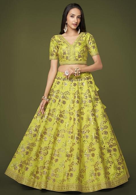 Neon Green Embroidered Slub Silk Lehenga Set