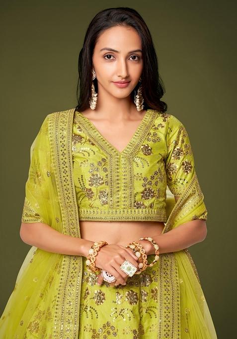 Neon Green Embroidered Slub Silk Lehenga Set