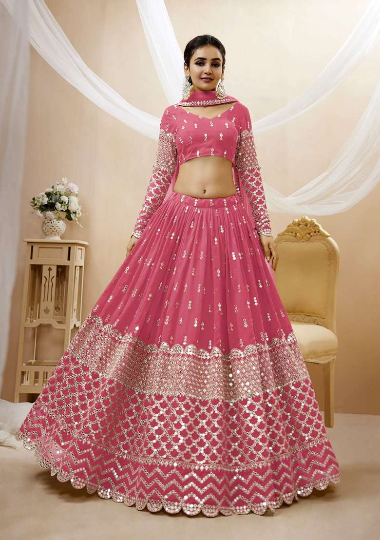Pink Georgette Lehenga Set with Embroidered for Diwali | Wedding & Festive Wear - Indya
