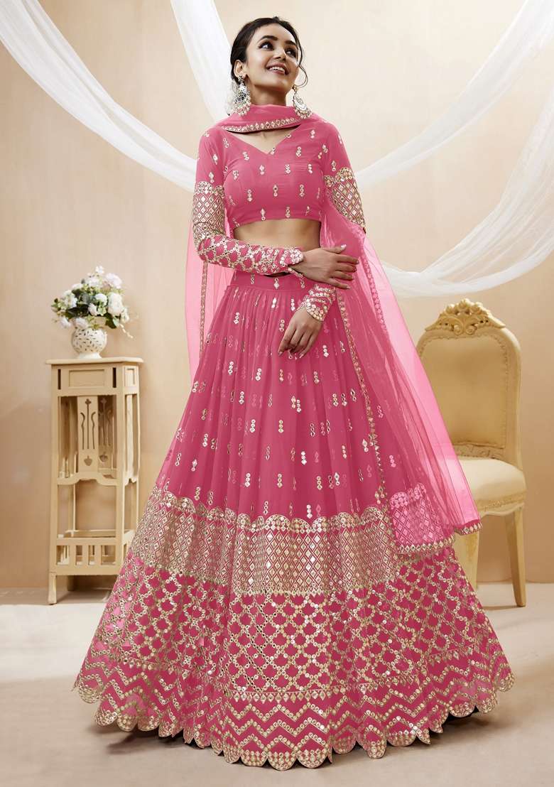 Pink Georgette Lehenga Set with Embroidered for Diwali | Wedding & Festive Wear - Indya