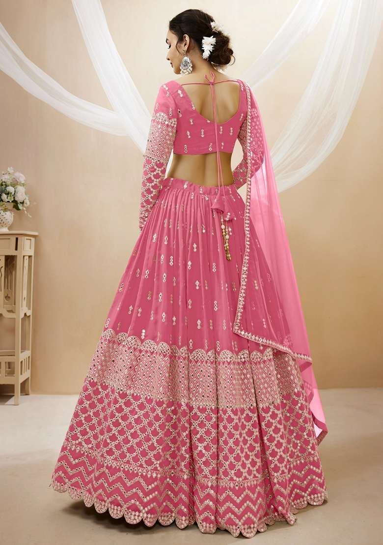 Pink Georgette Lehenga Set with Embroidered for Diwali | Wedding & Festive Wear - Indya