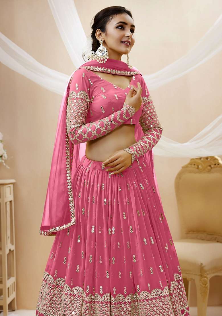 Pink Georgette Lehenga Set with Embroidered for Diwali | Wedding & Festive Wear - Indya