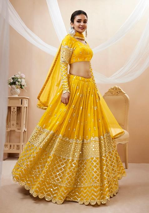 Yellow Embroidered Georgette Lehenga Set