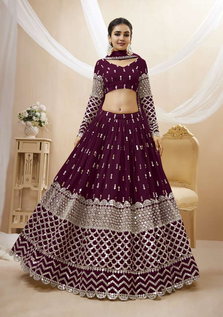 Wine Georgette Lehenga Set with Embroidered for Diwali | Wedding & Festive Wear - Indya