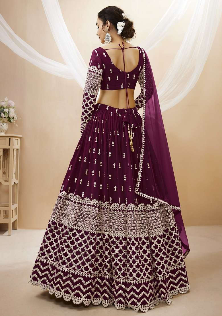 Wine Georgette Lehenga Set with Embroidered for Diwali | Wedding & Festive Wear - Indya