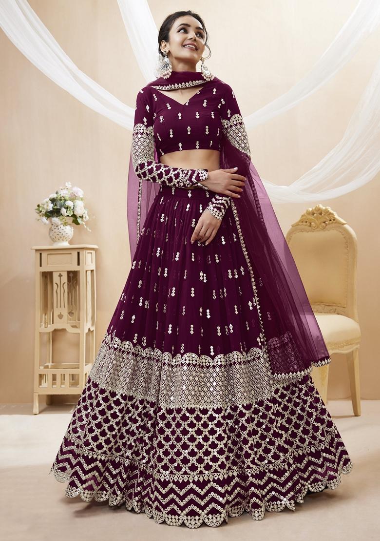 Wine Embroidered Georgette Lehenga Set