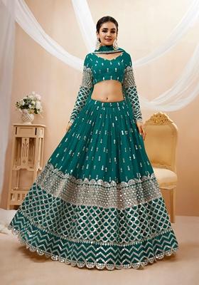 Teal Blue Embroidered Georgette Lehenga Set