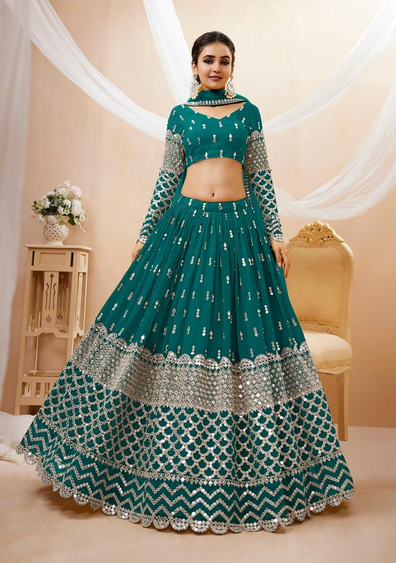 Teal Blue Embroidered Georgette Lehenga Set