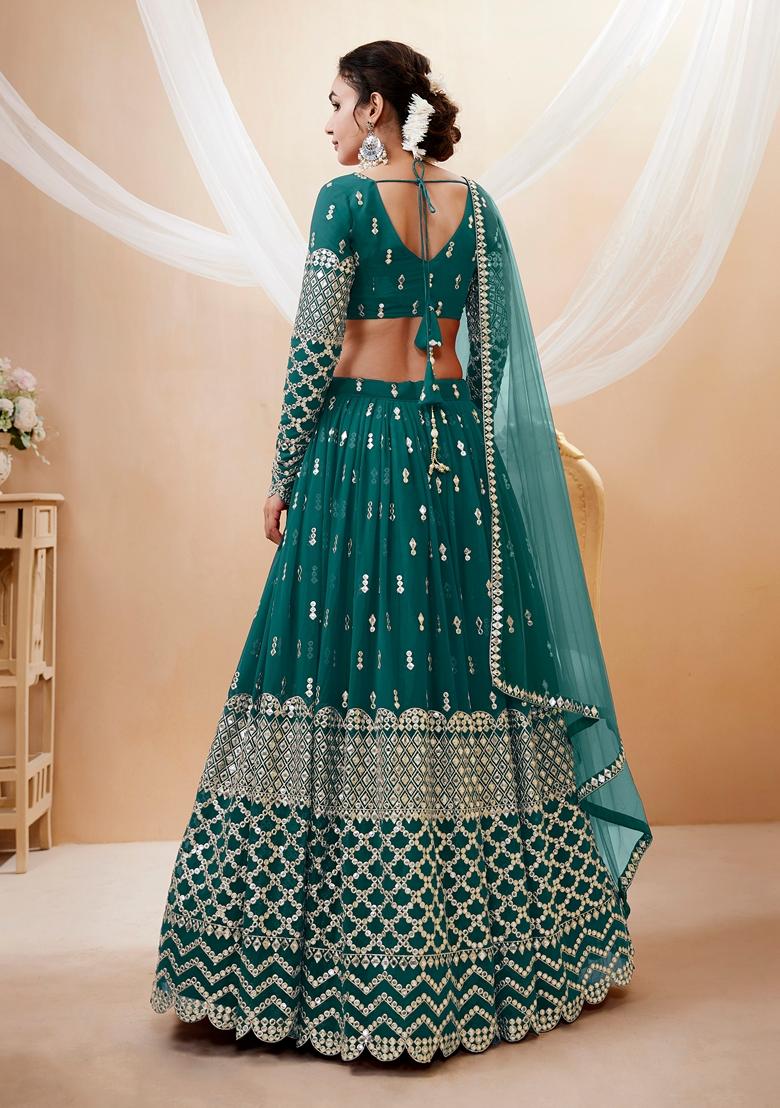 Teal Blue Embroidered Georgette Lehenga Set