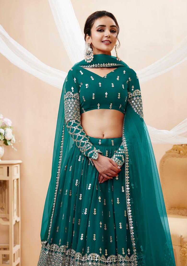 Teal Blue Embroidered Georgette Lehenga Set