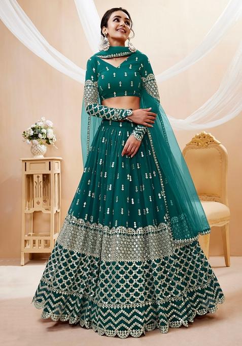 Teal Blue Embroidered Georgette Lehenga Set