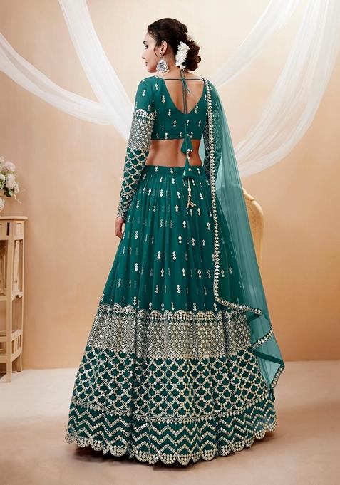 Teal Blue Embroidered Georgette Lehenga Set