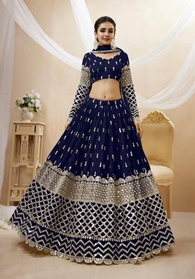 Navy Blue Embroidered Georgette Lehenga Set