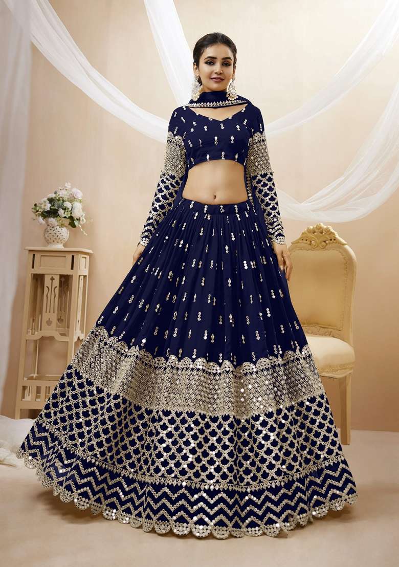 Navy Blue Embroidered Georgette Lehenga Set for Diwali and Festive Wear - Indya