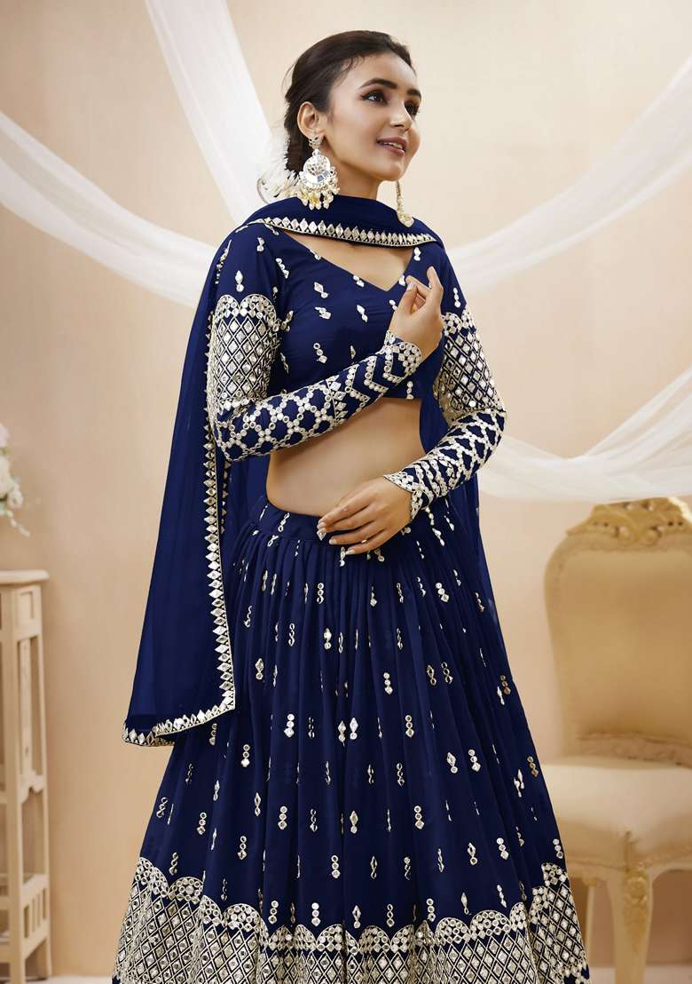 Navy Blue Embroidered Georgette Lehenga Set for Diwali and Festive Wear - Indya