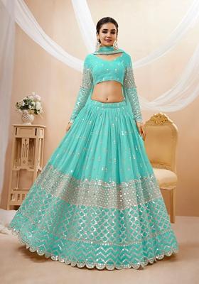 Sky Blue Embroidered Georgette Lehenga Set