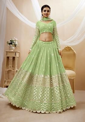 Pista Green Embroidered Georgette Lehenga Set