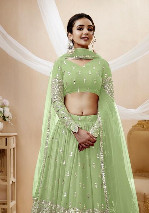 Pista Green Embroidered Georgette Lehenga Set