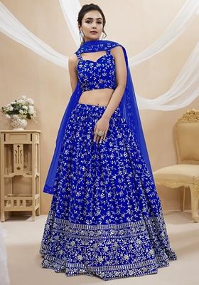 Blue Embroidered Georgette Lehenga Set