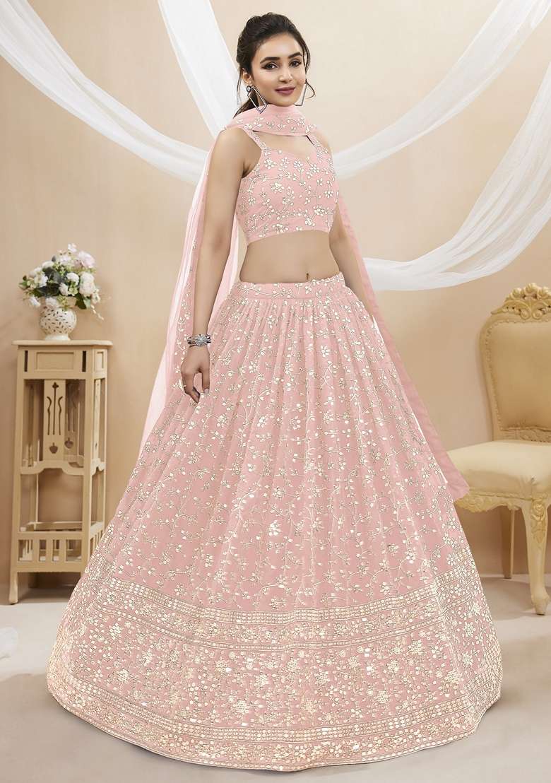 Pink Embroidered Georgette Lehenga Set for Diwali and Festive Wear - Indya
