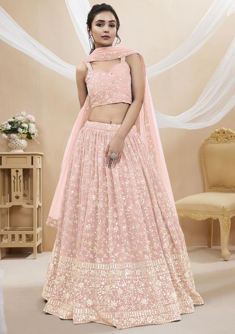 Pink Embroidered Georgette Lehenga Set