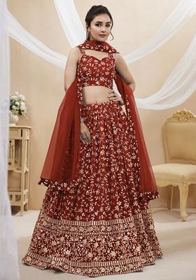 Red Embroidered Georgette Lehenga Set