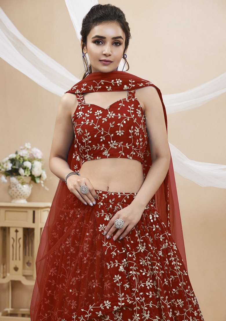Red Embroidered Georgette Lehenga Set for Diwali and Festive Wear - Indya
