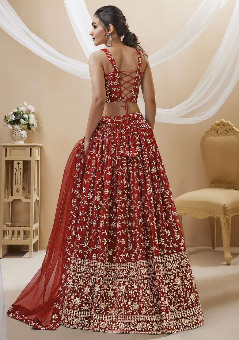Red Embroidered Georgette Lehenga Set for Diwali and Festive Wear - Indya