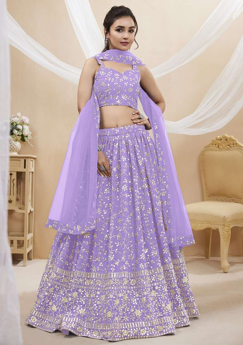 Lavender Georgette Lehenga Set with Embroidered for Diwali | Wedding & Festive Wear - Indya