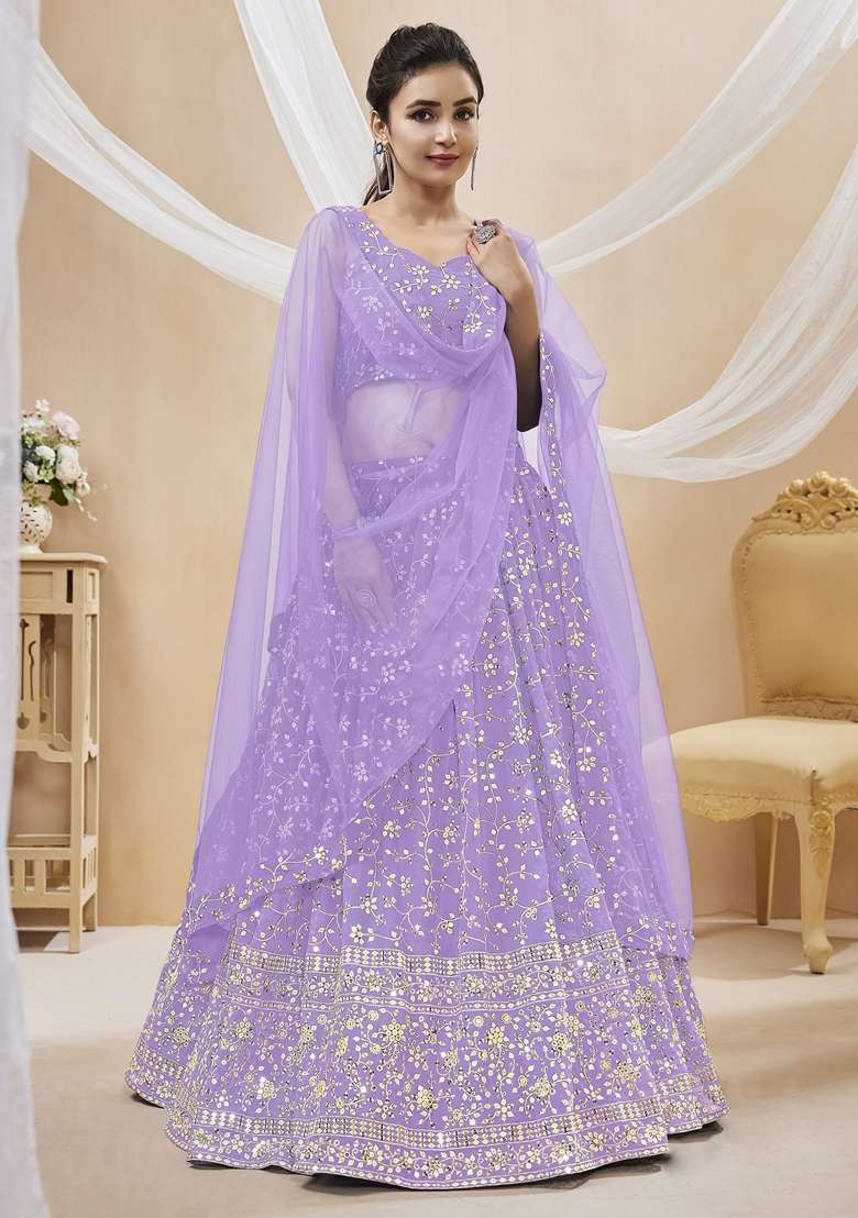 Lavender Georgette Lehenga Set with Embroidered for Diwali | Wedding & Festive Wear - Indya