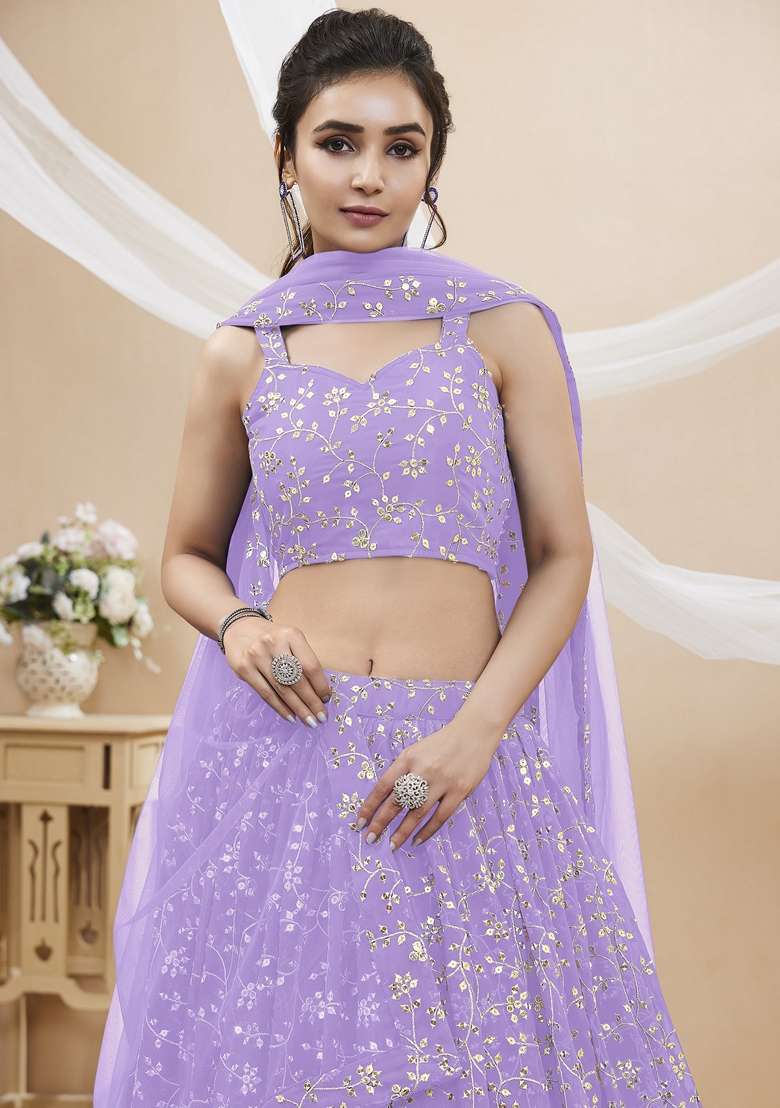 Lavender Georgette Lehenga Set with Embroidered for Diwali | Wedding & Festive Wear - Indya