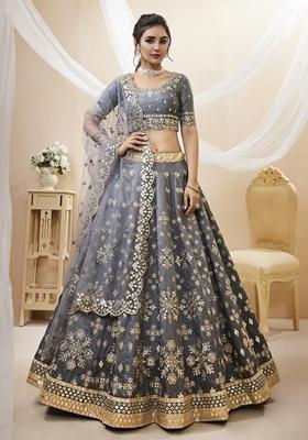 Grey Embroidered Art Silk Lehenga Set