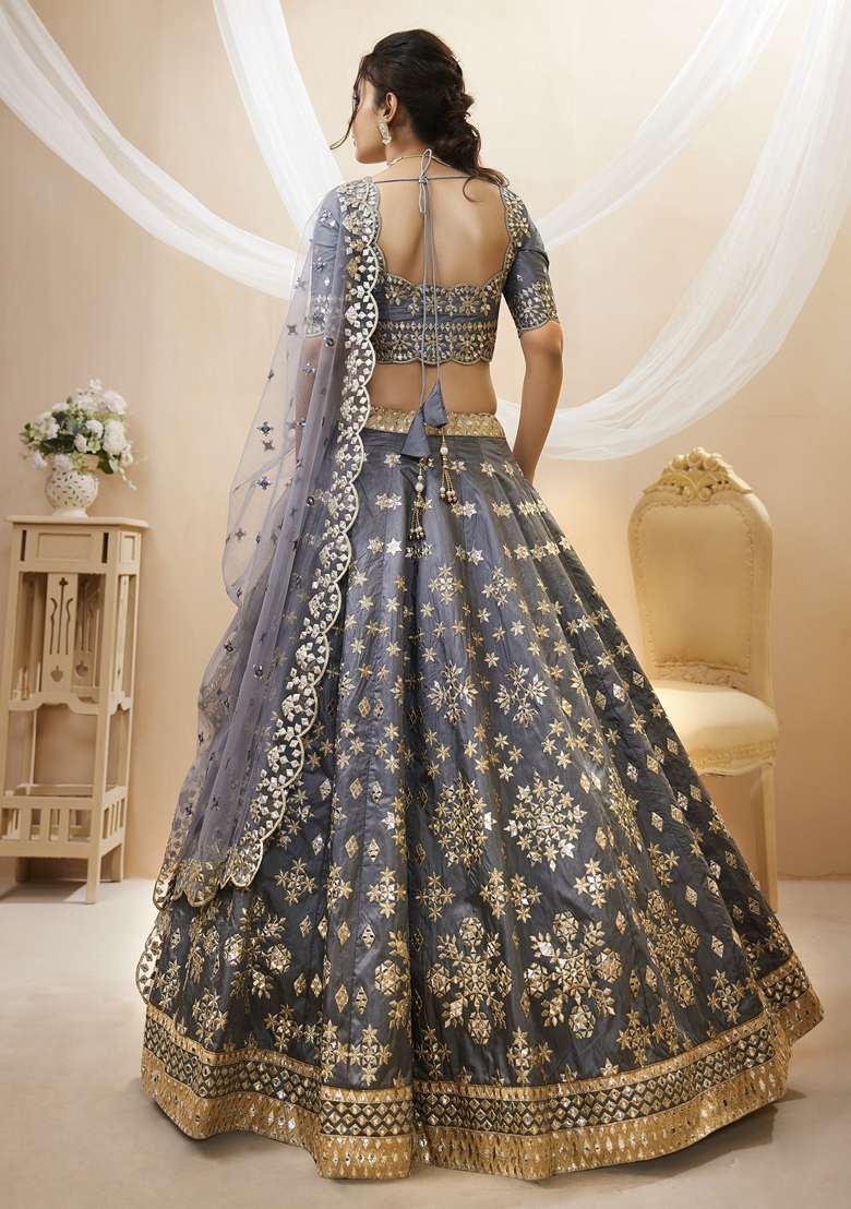 Grey Embroidered Art Silk Blend Lehenga Set for Diwali and Festive Wear - Indya