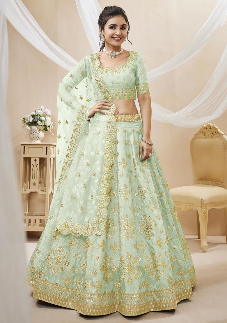 Pista Green Embroidered Art Silk Lehenga Set