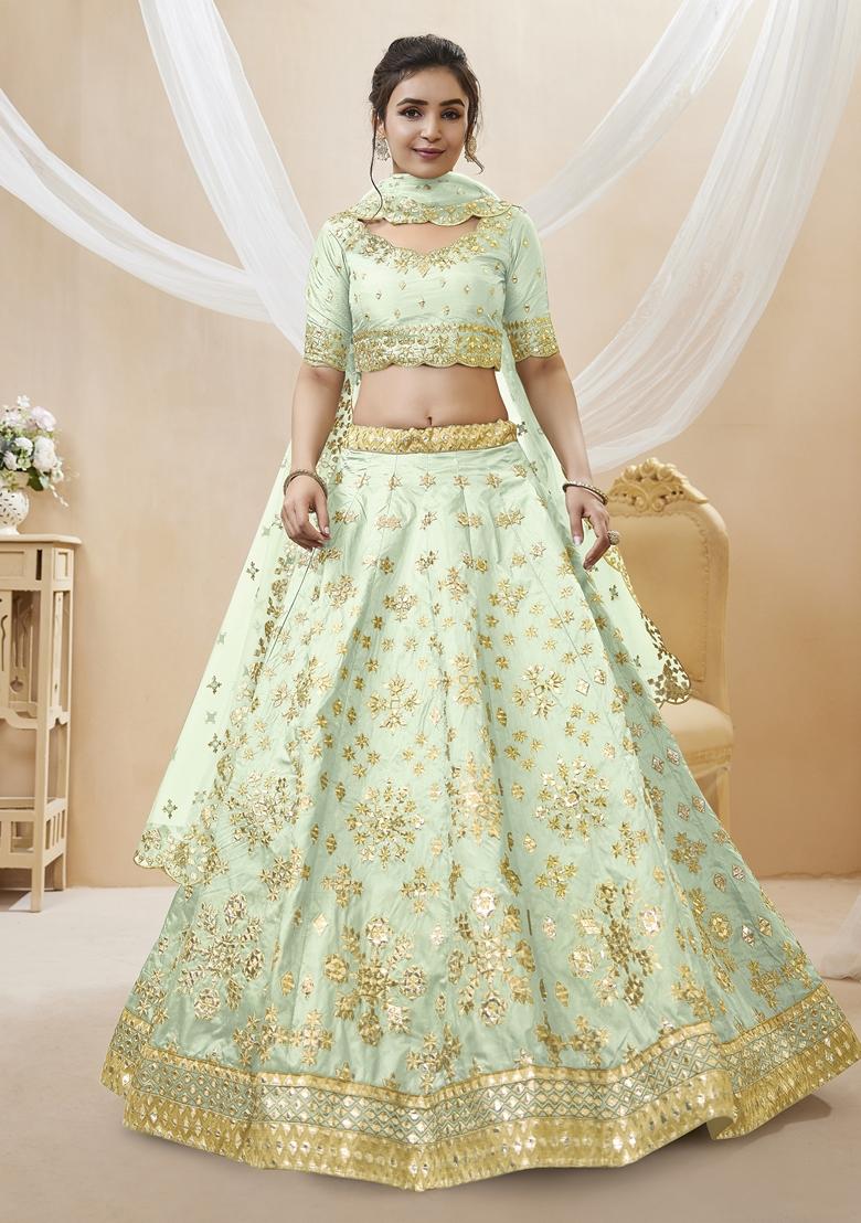 Pista Green Embroidered Art Silk Lehenga Set