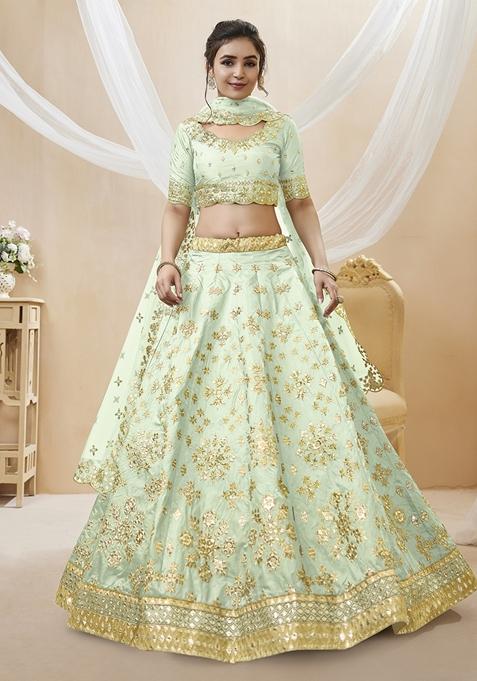 Pista Green Embroidered Art Silk Lehenga Set