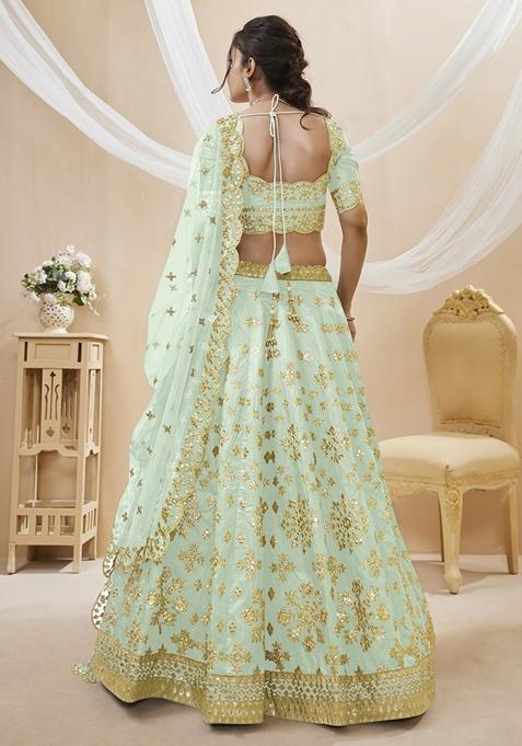 Pista Green Embroidered Art Silk Lehenga Set
